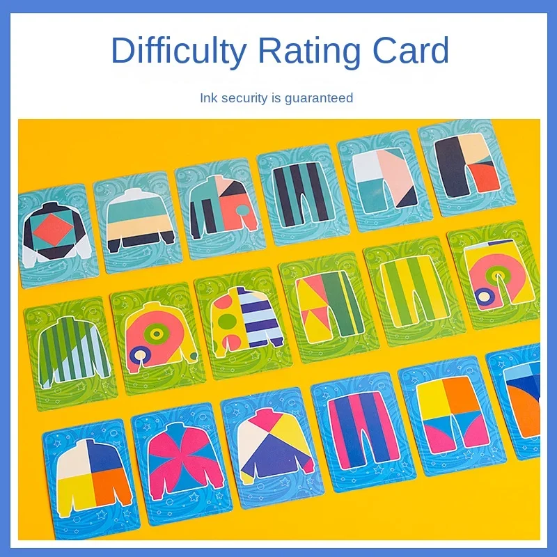 Pattern cards with clothing silhouettes filled with colorful geometric combinations