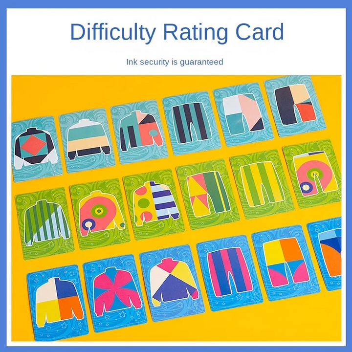 Pattern cards with clothing silhouettes filled with colorful geometric combinations