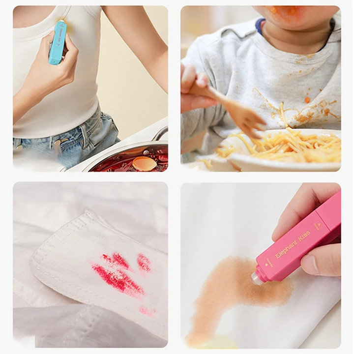 Collage of food and makeup stains on clothing with pen application examples