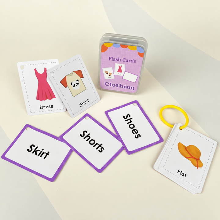 Clothing flash cards with dress, shirt, skirt, shorts, shoes, and hat examples.