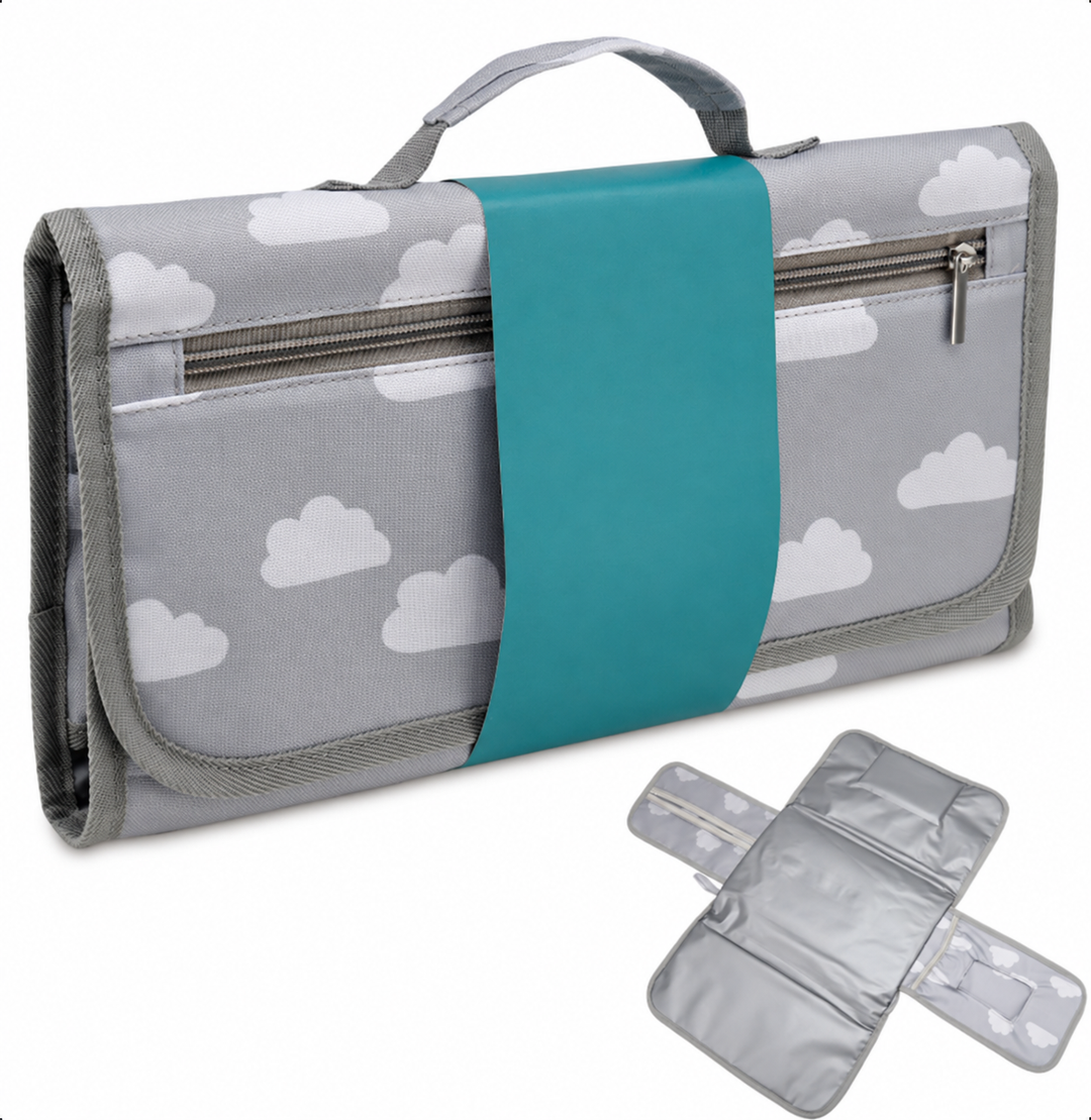 Gray cloud-print changing mat with a teal closure band, shown folded and open.