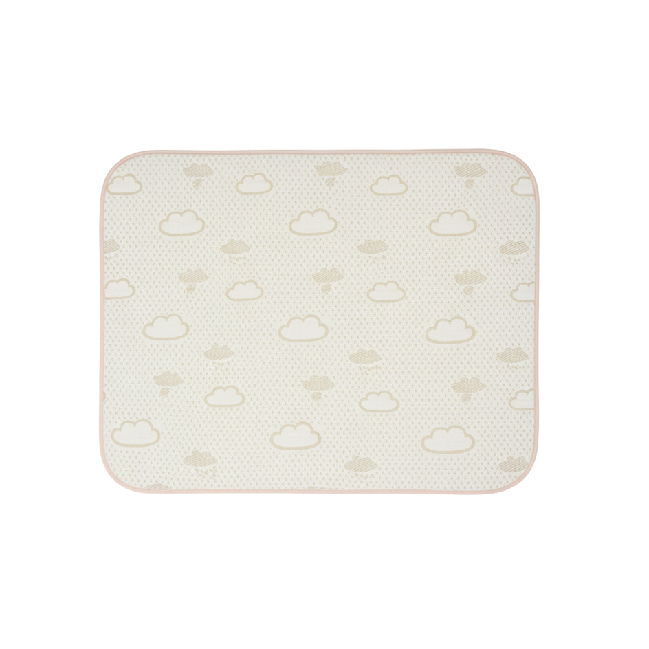 Cloud-print mattress protector with rounded corners and pale pink edging