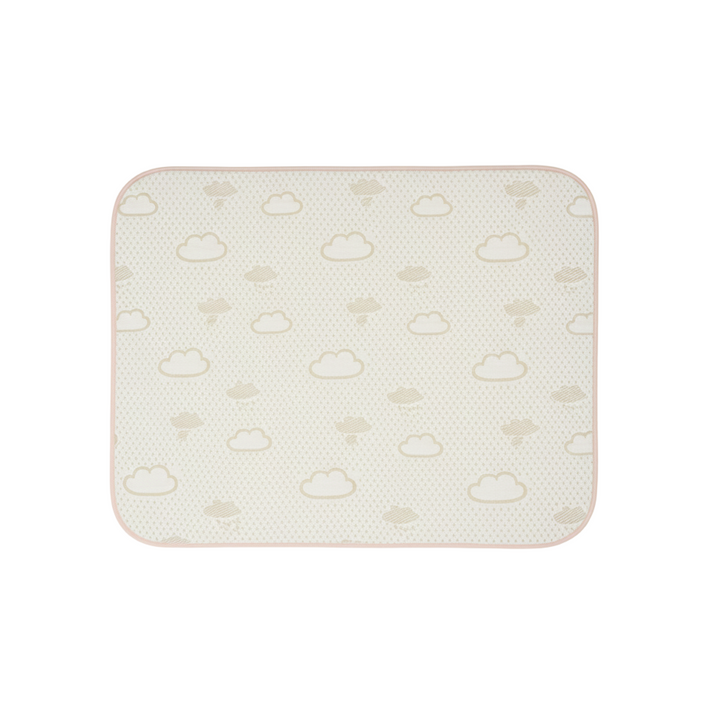 Cloud-print mattress protector with rounded corners and pale pink edging