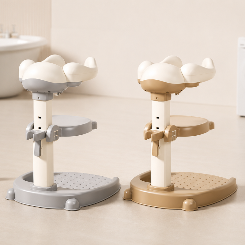 Gray and brown toddler shower stands with cloud-shaped rings and central stools
