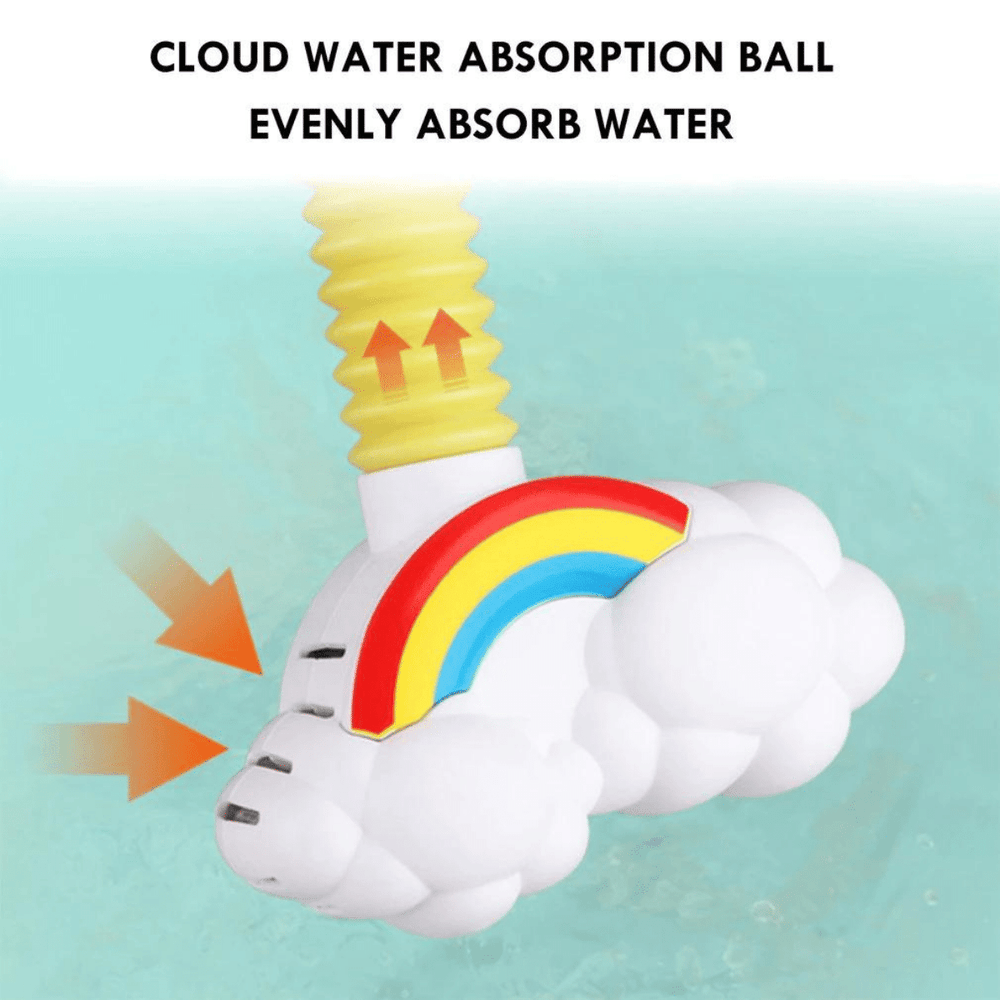 Cloud-shaped water intake with rainbow detail submerged in bath water