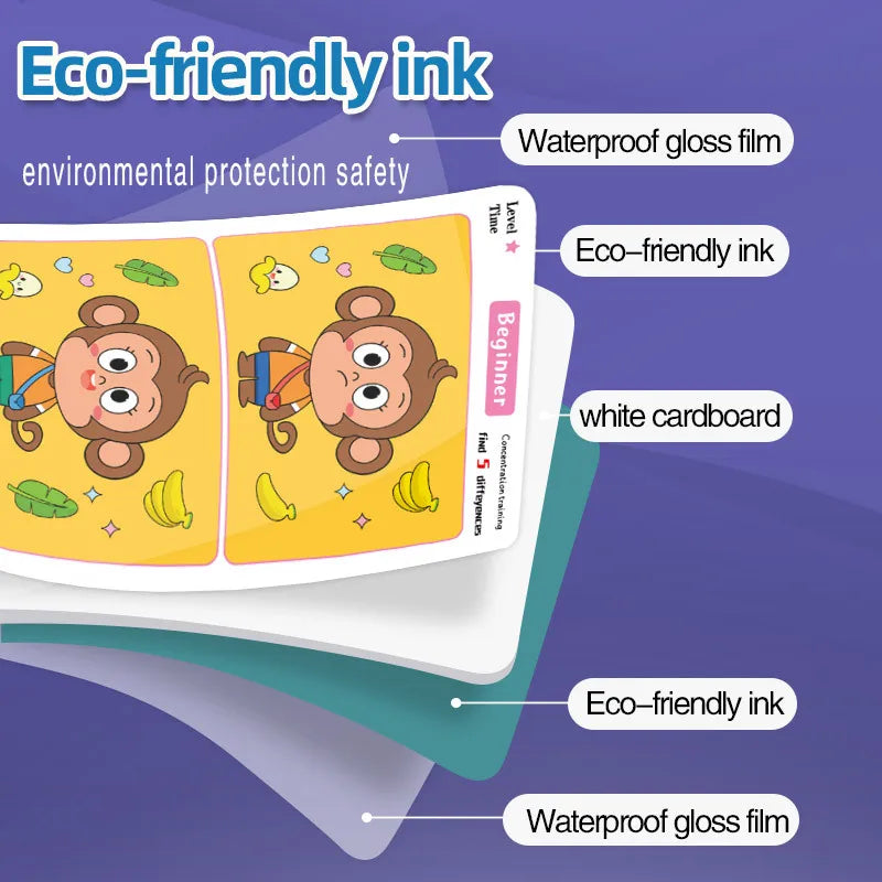 Layered view of a coated cardboard activity card with matching monkey illustrations