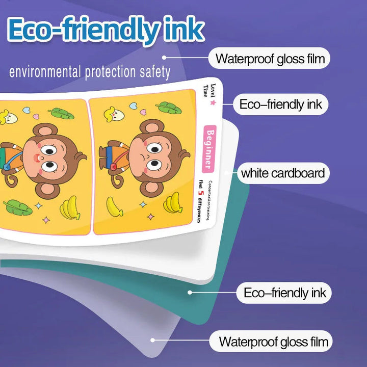 Layered view of a coated cardboard activity card with matching monkey illustrations