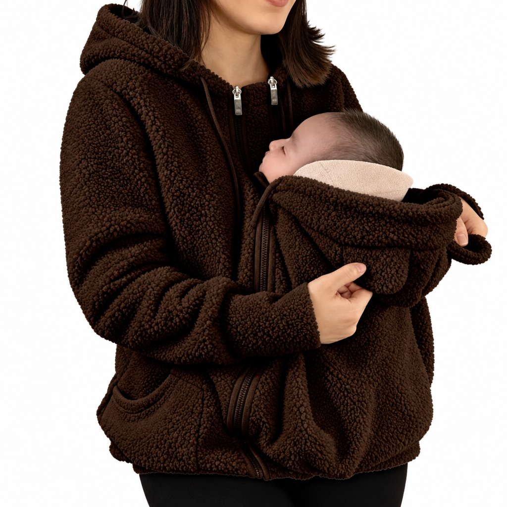 Coffee brown babywearing jacket with a baby nestled in the front section