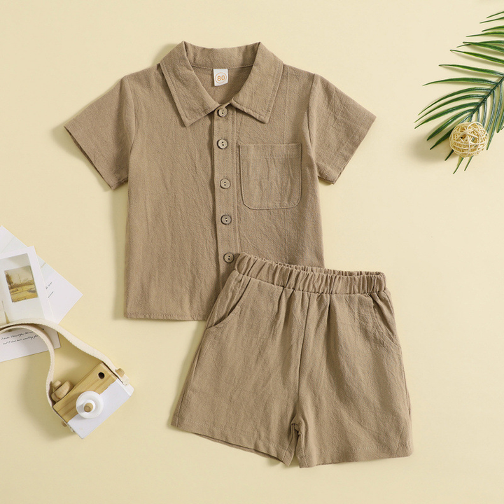 Coffee brown short-sleeve collared shirt and matching shorts