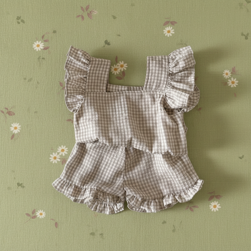 Coffee gingham ruffle top and matching bloomers on a green daisy-print background