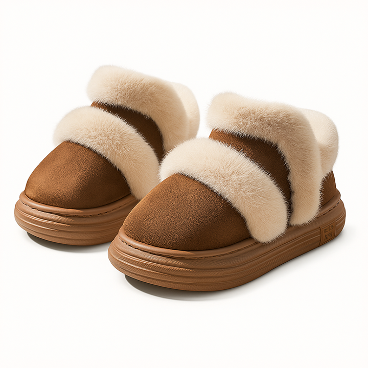 Coffee-colored ankle boots with cream plush trim and layered brown soles.