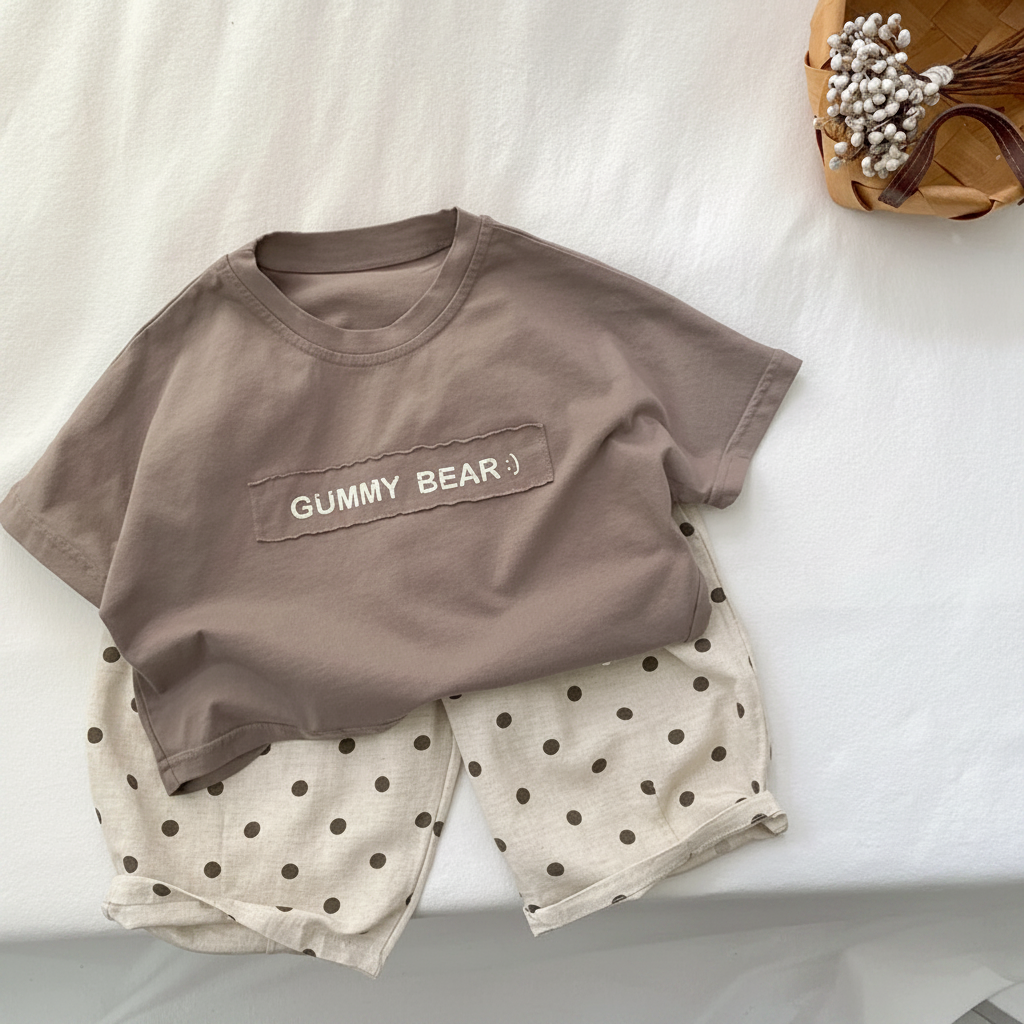 Coffee Gummy Bear T-shirt styled with light-colored dotted shorts