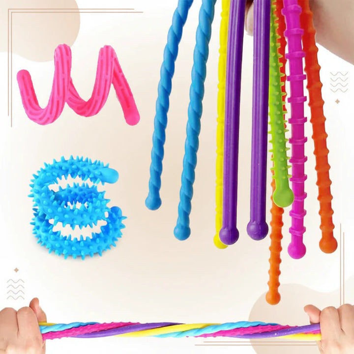 Textured sensory sticks shown hanging, coiled and twisted together