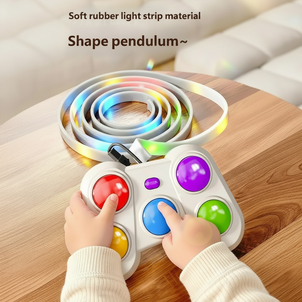 Hands using the colored game buttons with the glowing light strip coiled on a table