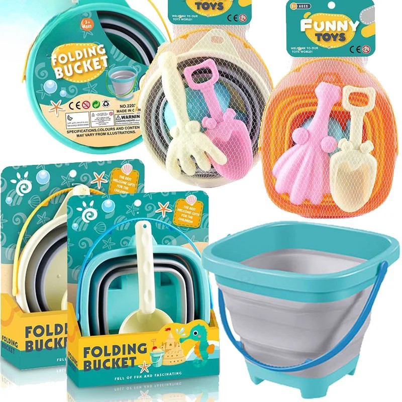 Collapsible sand buckets and sand tools shown in assorted sets and colors.