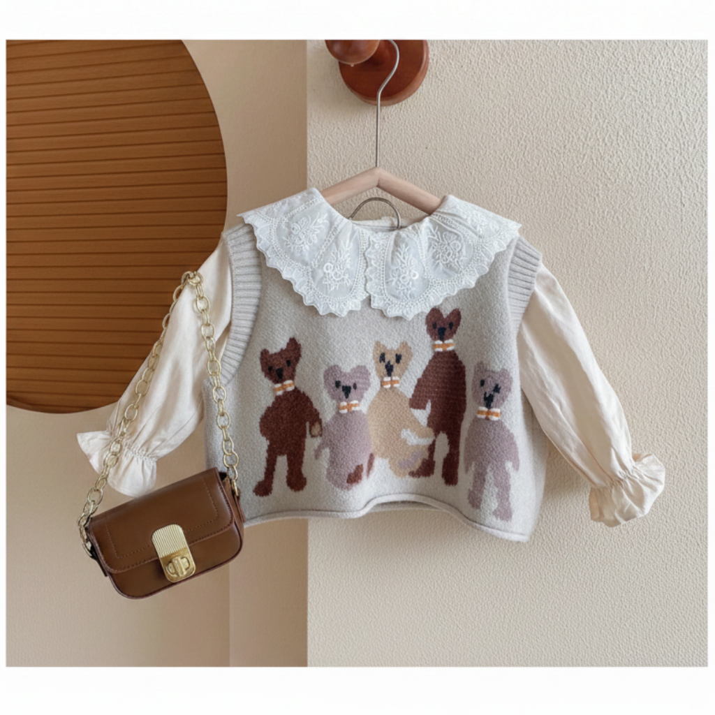 White collared blouse and animal-pattern knit vest styled with a brown shoulder bag