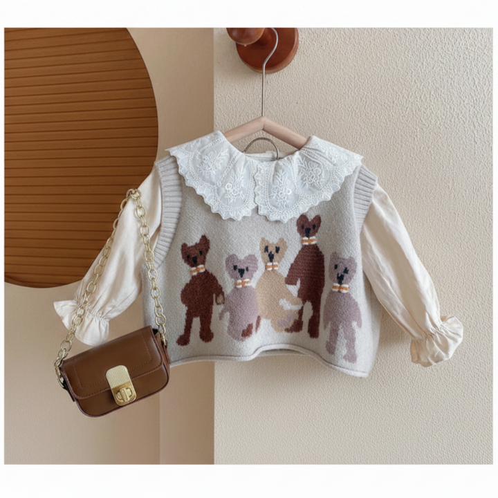 White collared blouse and animal-pattern knit vest styled with a brown shoulder bag
