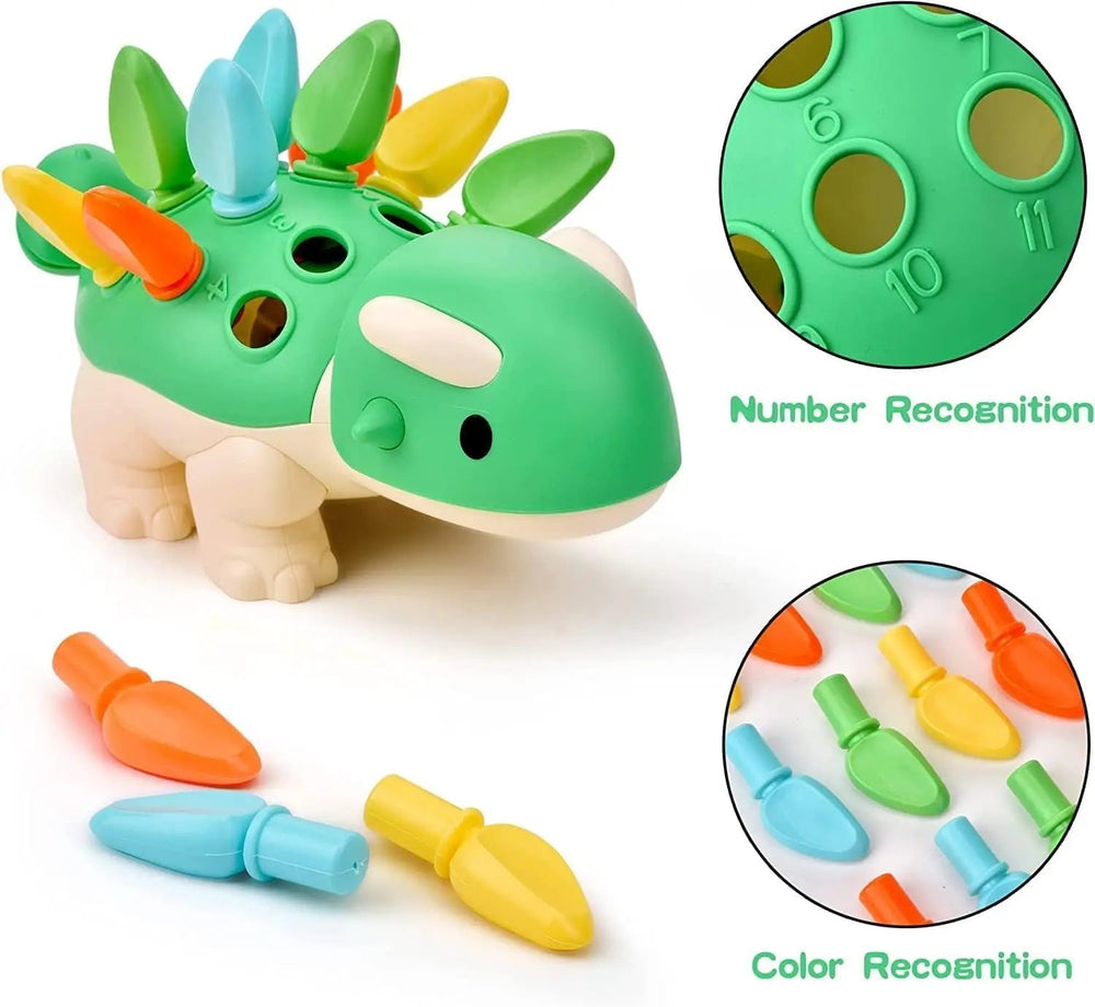 Dinosaur peg toy with numbered holes and blue, green, yellow, and orange spikes