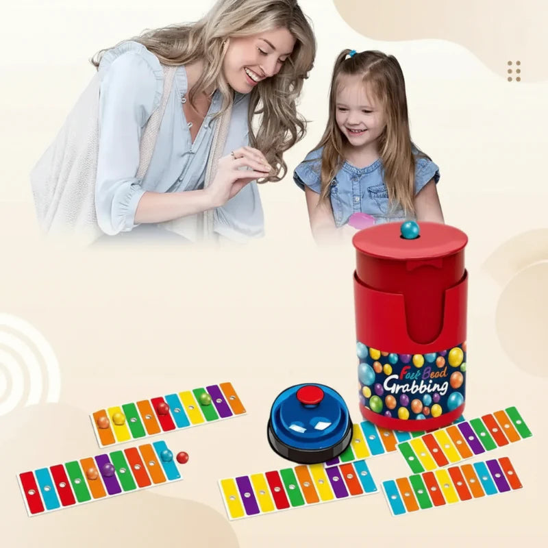 Adult and child pictured above a color bingo set with a red container, blue bell, and multicolor cards