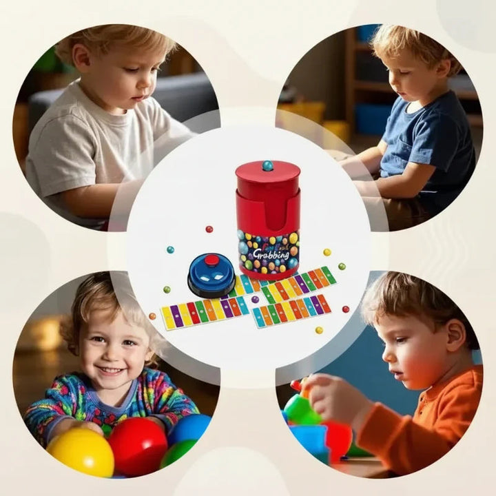 Color bingo set at the center of a collage showing children at play
