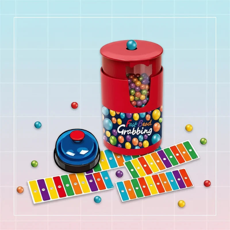 Color bingo game with a red ball container, blue bell, color cards, and scattered play balls