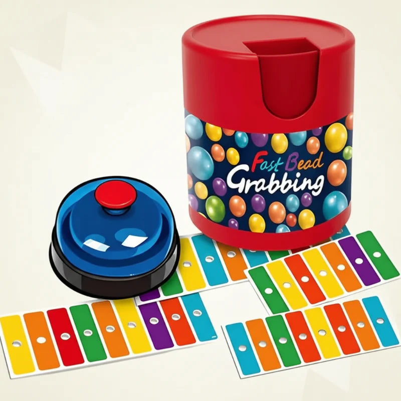Close-up of the red bingo ball container, blue bell, and color-matching cards
