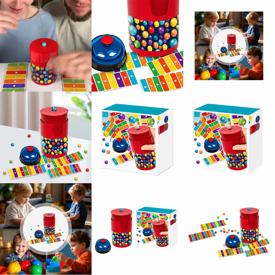 Collage showing the color bingo set, retail packaging, and family play scenes