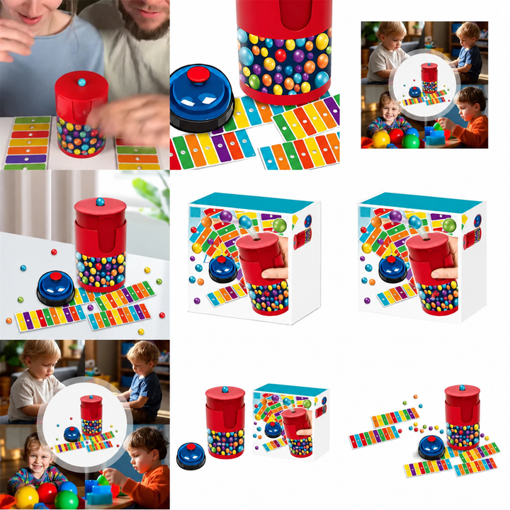 Collage showing the color bingo set, retail packaging, and family play scenes