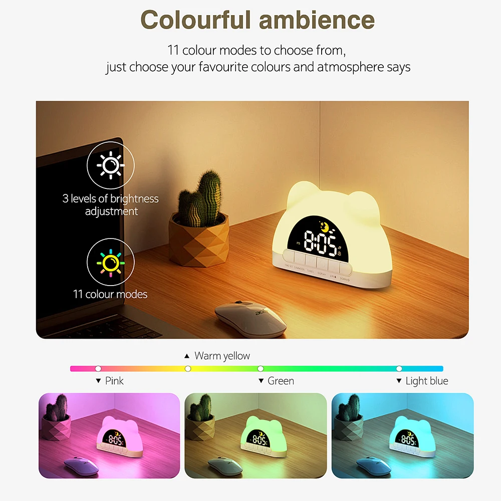 Alarm clock lighting guide showing warm yellow, pink, green, and light blue modes.