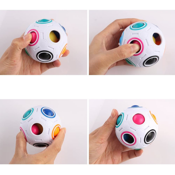 Four views of hands pressing colored balls inside a white color-matching puzzle