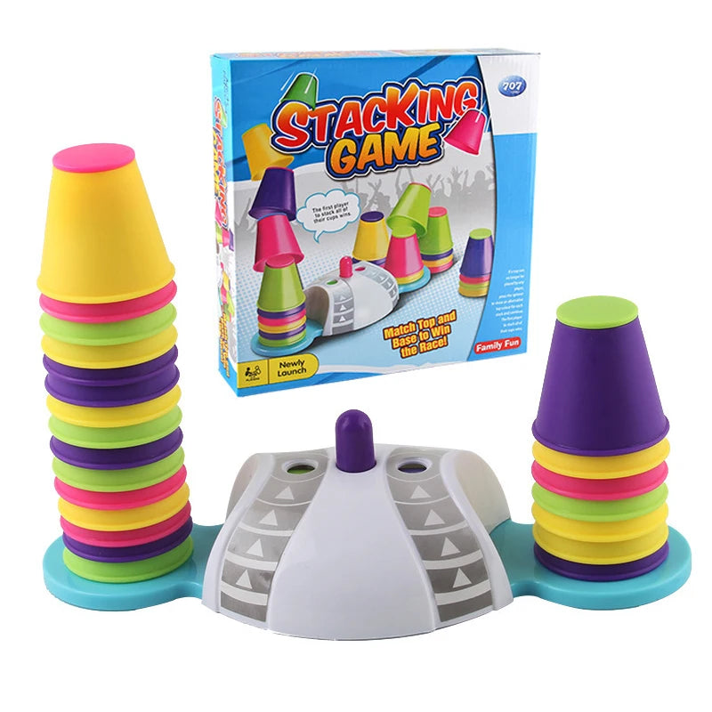 Colorful stacking cups on two blue holders with a central game base and retail box