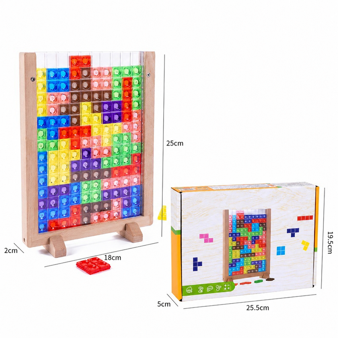 Upright block puzzle and packaging with measurement labels beside the beechwood frame.