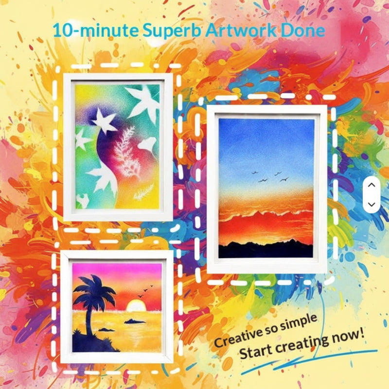 Airbrush artwork examples with bright color gradients, silhouettes, and a palm tree scene