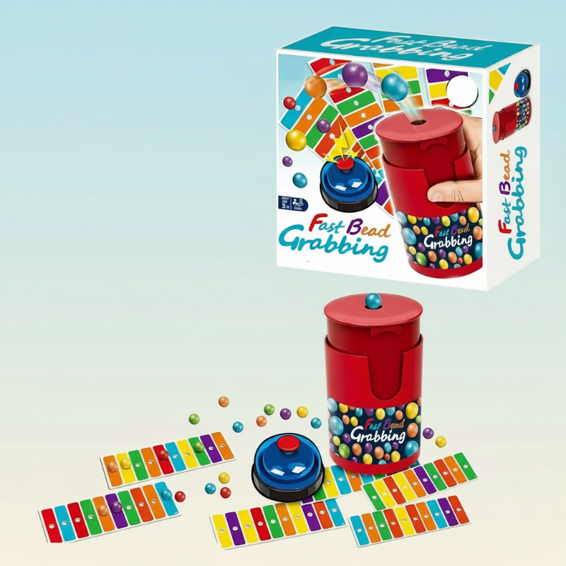 Color-matching set with a red bead dispenser, colored cards, beads, bell, and box