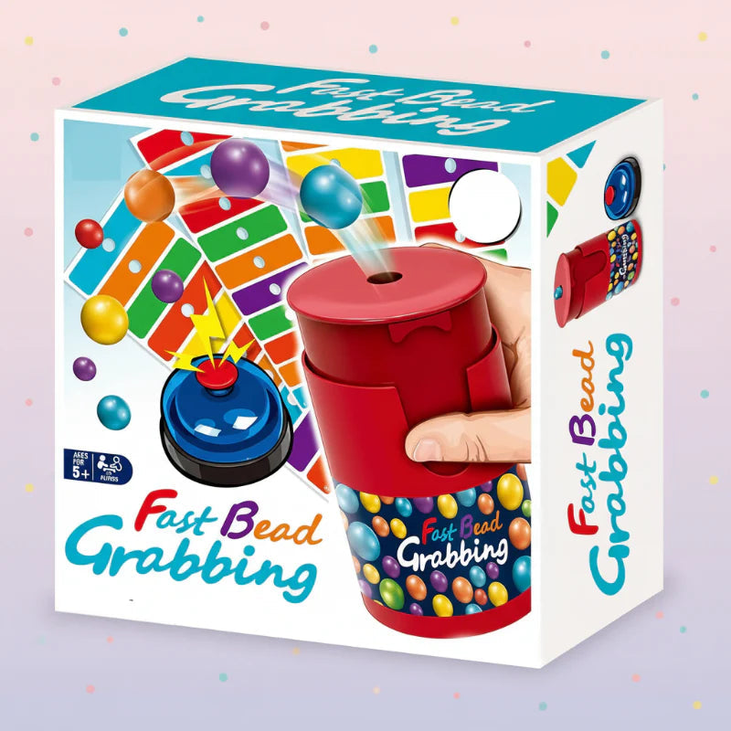 Color-matching game box showing the bead dispenser, cards, and bell