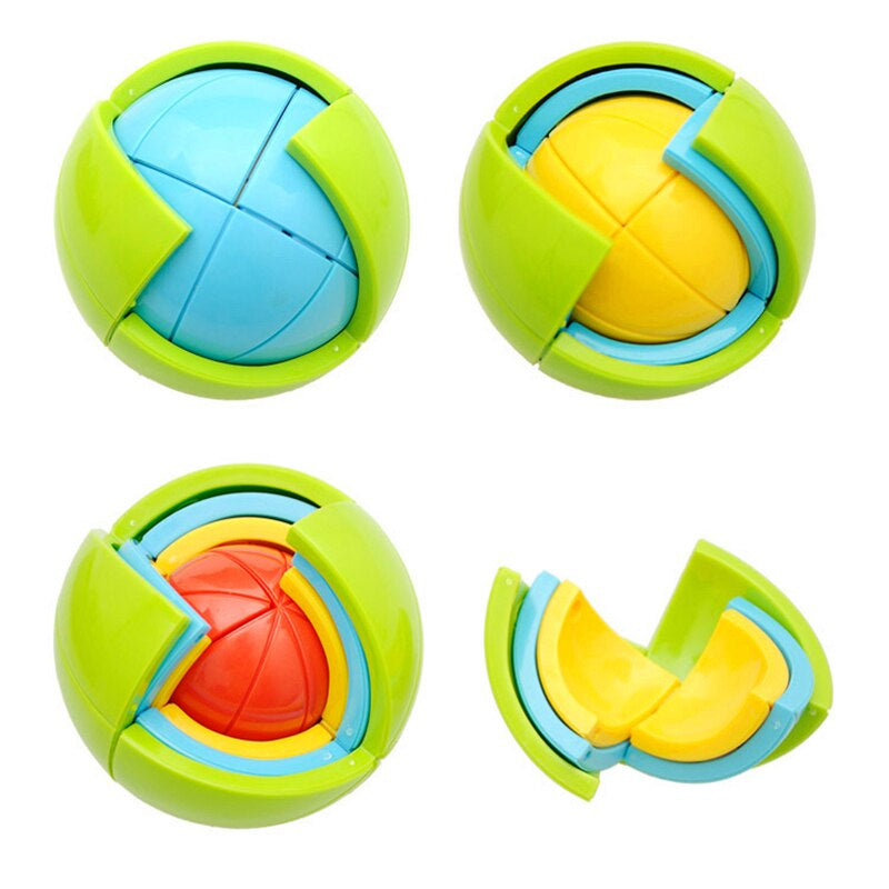 Green 3D ball puzzle with blue, yellow, and red inner layers shown in several assembly stages
