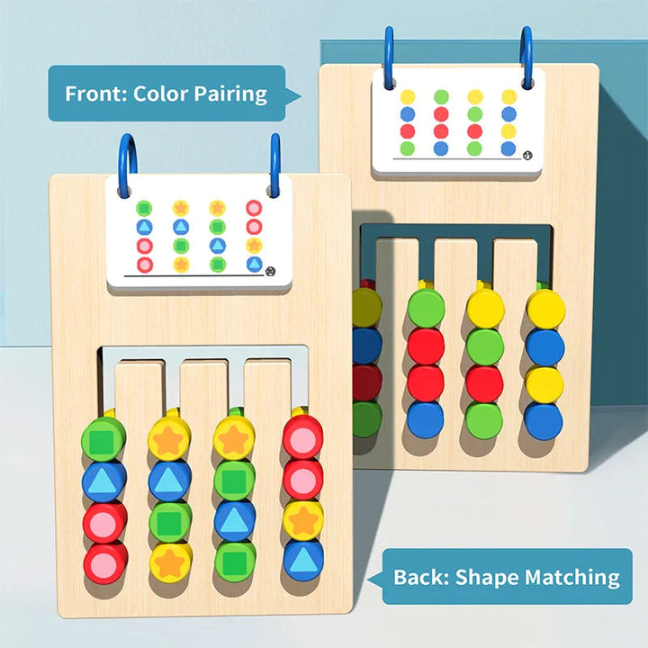 Color pairing and shape matching views of the wooden sorting game with pattern cards.