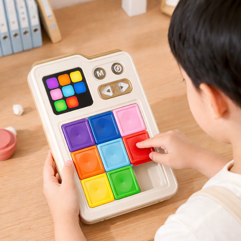 Child moving a red block on the color puzzle board below its LED challenge display