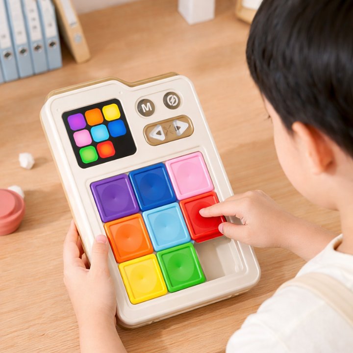 Child moving a red block on the color puzzle board below its LED challenge display