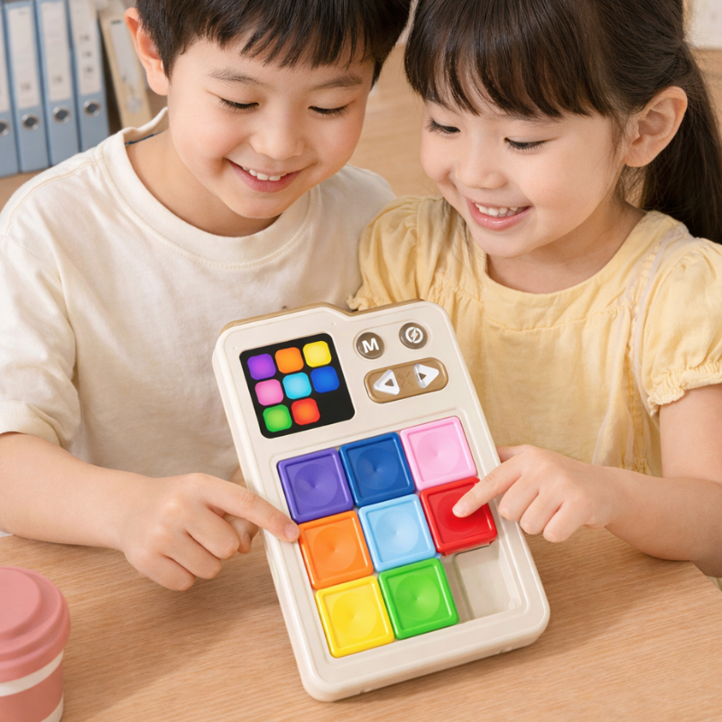 Two children playing with a handheld color sliding puzzle at a table