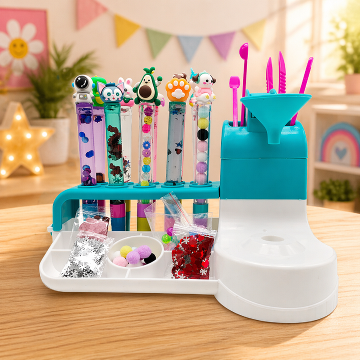 Beaded pens with character toppers displayed on a teal-and-white crafting station