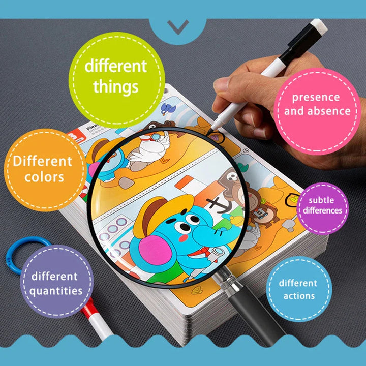 Illustrated comparison activity highlighting differences in colors, quantities, objects, and actions