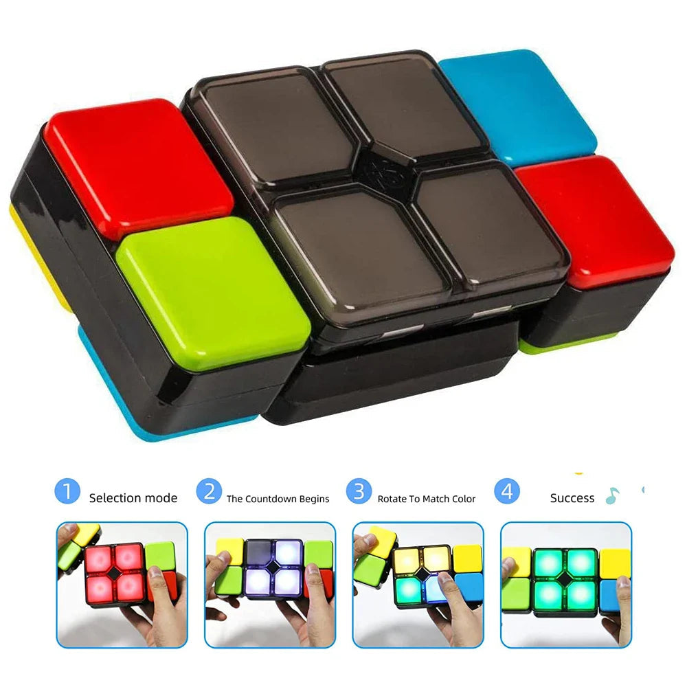 Handheld puzzle with red, green and blue side blocks above a color-matching game sequence