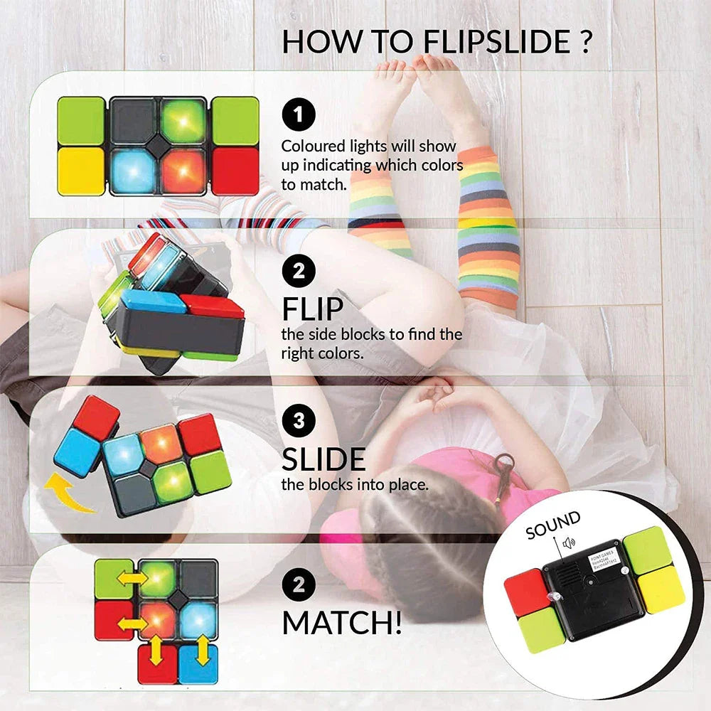 Instructions showing how to follow the lights, flip the side blocks and slide colors into place