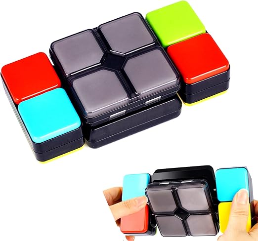 Color-matching puzzle with colorful side blocks, shown on its own and held in two hands
