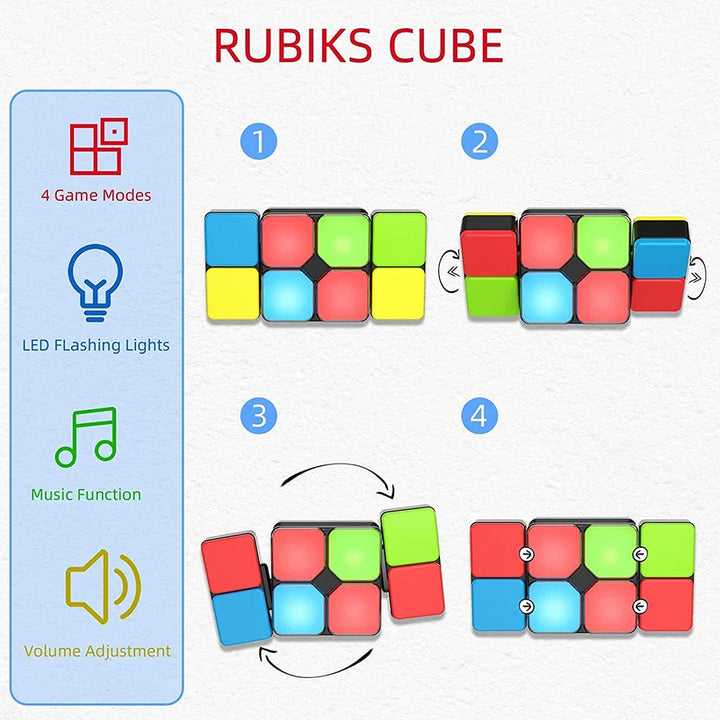 Diagram showing four game modes, LED lights, music, volume control and movable puzzle blocks