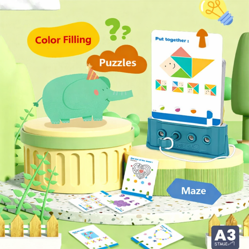 Blue puzzle board with a geometric fish card, shape puzzles and maze activities.
