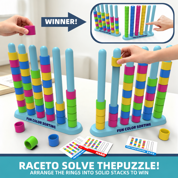Hands moving colored rings between rods, with completed single-color stacks shown above