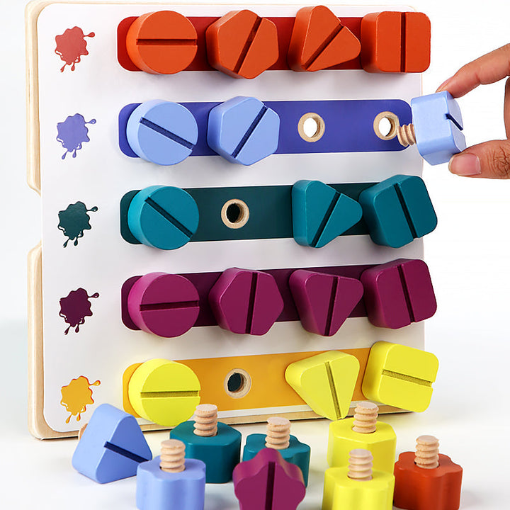 Hand holding a lavender shape screw beside a board arranged in rows of matching colors