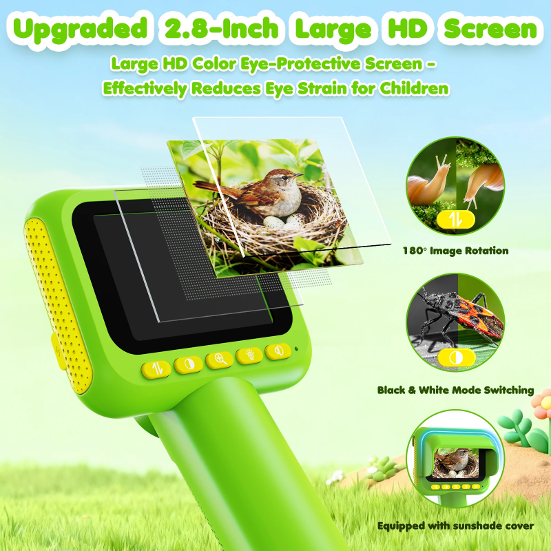 Close-up of the 2.8-inch screen with image rotation, black-and-white mode, and sunshade illustrations